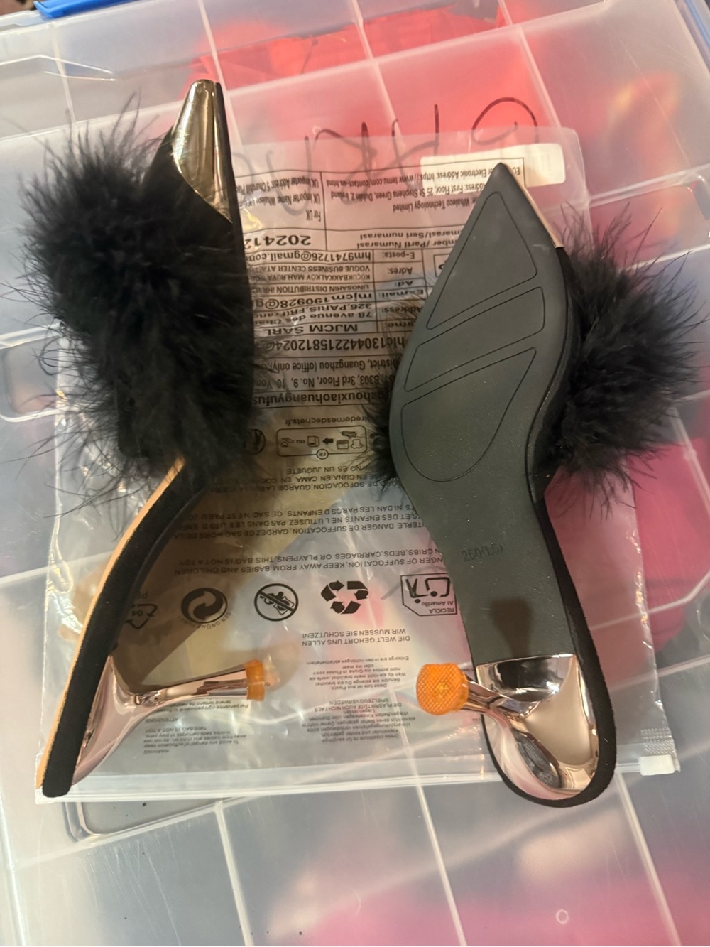 Black Feather & gold Metal-Toe Stiletto Mules - Picture 3 of 5